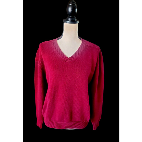 Lands End Burgundy V-Neck 100% Cotton Pullover Drifter Sweater M - Picture 1 of 3